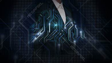 Businesswoman touching electronics lines, glow electronics circuit and spread lighting.
