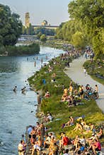 People on Isar river, Munich, Germany