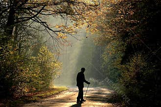 old man in autumn forest at sunrise