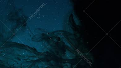 Stars in a dark blue sky being covered by a strange thick black cloud, black smoke or invading pollutant gas