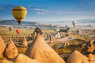 Hot air balloons flying over Cappadocia, Turkey