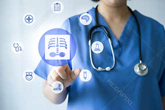Medicine doctor & nurse working with medical icons