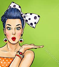 Pop Art girl with thought bubble. Party invitation. Birthday card. Hollywood, movie star. Com. Gossip girl. Red cheeks