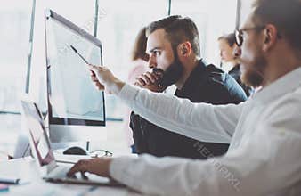 Photo working process.Finance trade manager showing reports screen.Young business crew work with startup project modern