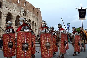 Roman army near colosseum at ancient romans historical parade