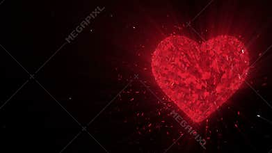 Abstract looped animated background: Rotating luminous 3d ruby heart formed pieces and cubes of red spinning with stray pieces.