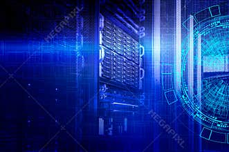 Concept of disk storage data center. Information technology and database on technological background