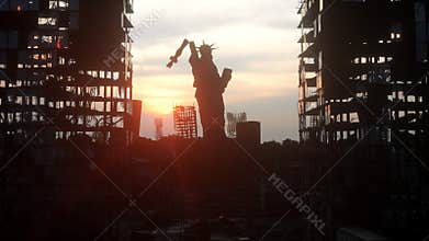Apocalypse of USA, America. view destroyed New York city, Statue of liberty. Apocalypse concept. 3d rendering.