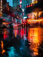 NYC streets after rain with reflections on wet asphalt