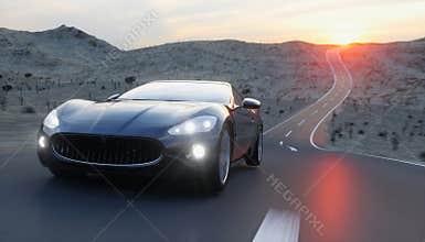 Black sport car on road, highway. Very fast driving. 3d rendering.