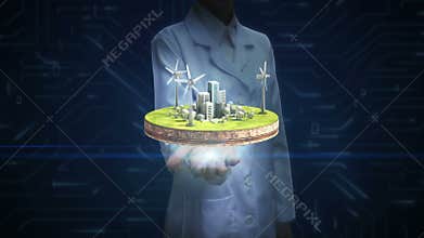 Female researcher, Engineer open palm, Wind power energy panel on the ground. Eco-friendly energy.