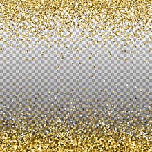 Gold glitter background. Golden sparkles on border. Template for holiday designs, invitation, party, birthday, wedding, New Year,