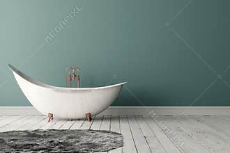 Bathroom with carpet, wooden floor and rough wall
