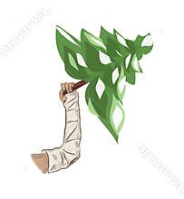 Arm in a cast and Christmas tree, spruce.