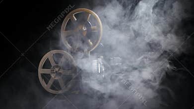 Old projector showing film in the smoke. Studio black background