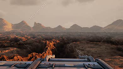 Space ship futuristic interior. aerial view on mars, alien planet.