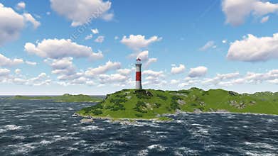 Lighthouse on coastline in sunny day.