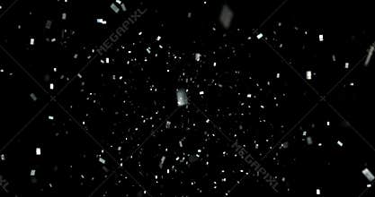 Falling silver metallic glitter foil confetti, animation movement on black background, holiday and festive fun