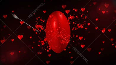 3d animation of giant romantic red heart get shot by many cupid arrows and burst into little red hearts with final blow