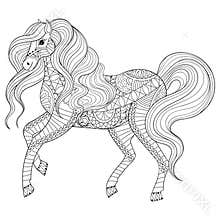 Hand drawn zentangle horse for adult coloring page, art therapy, greeting card, decoration element.