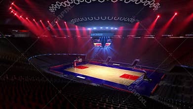 Basketball court without people fan. Sport arena. Ready to start championship. 3d render. Moving lights