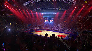 Basketball court with people fan. Sport arena. Ready to start championship. 3d render. Moving lights Confetti and tinsel