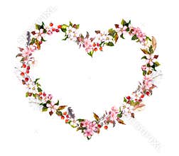 Floral wreath - heart shape. Pink flowers, boho feathers. Watercolor for Valentine day, wedding