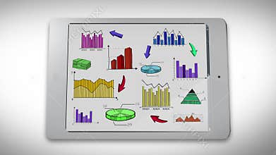 Animation of business, marketing and financial colorful statistic information doodle such as graph chart on smart phone tablet