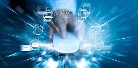 Man using mouse payments online shopping and icon customer network connection