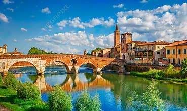 Bridge Ponte Pietra in Verona on Adige river