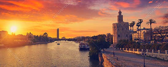 Seville sunset skyline torre del Oro in Sevilla