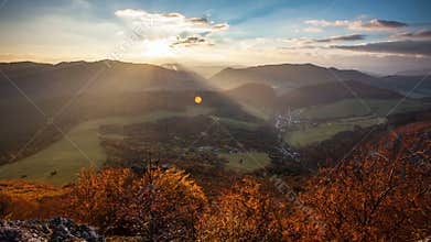 Slovakia forest autumn panorana landscape with mountain at sunrise, Time lapse