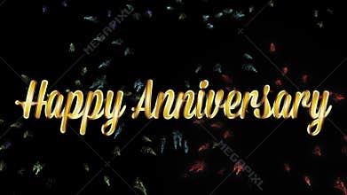 Happy anniversary in gold words with fireworks