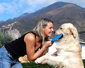 White dog and happy girl