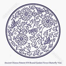 Ancient Chinese Pattern of Round Garden Flower Butterfly Vine