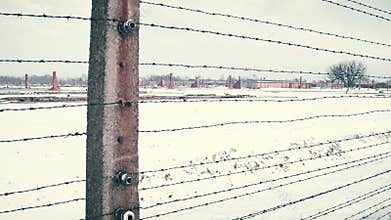 Old rusty barbed wire fence and distant ruined barracks of concentration camp in the snow. 4K steadicam shot