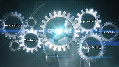 Gear with keyword,Challenge, Innovation, Opportunity, Improvement, Success, Robot, cyborg touching screen `CREATIVE`