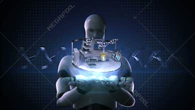 Robot cyborg open two palms, Sciences Laboratory, DNA, Experiment, Genetic Engineering