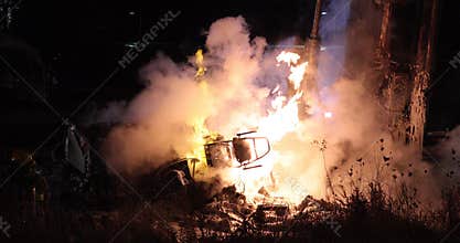 Tractor trailer burning after accident.