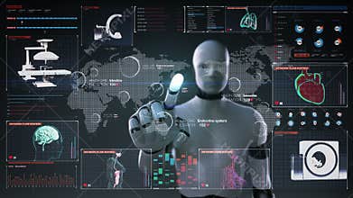 Robot, cyborg touching World Medical health care service in the world, Remote diagnosis and treatment, Telemedicine in digital dis