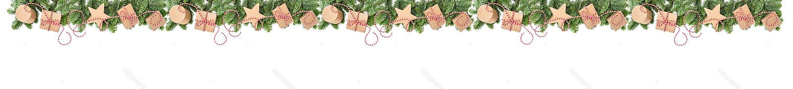 Christmas decoration gift boxes Pine tree branches border banner