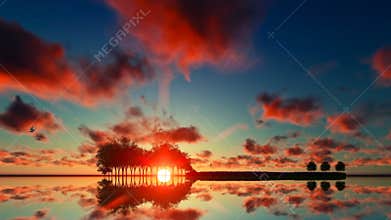 Guitar shape trees with birds flying at sunset, musical concept