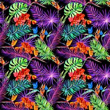 Tropical leaves, exotic flowers in neon glow. Repeating hawaiian pattern. Watercolor