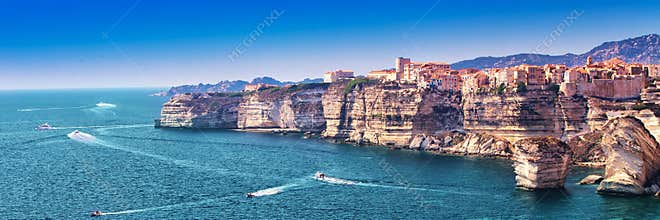 Bonifacio on beautiful white rock cliff with sea bay, Corsica, France, Europe.