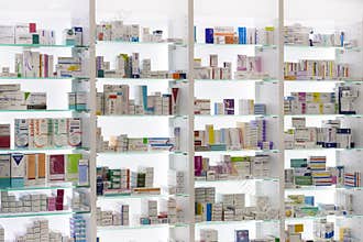 Pharmacy cabinets with medicines and drugs tablets and food additives