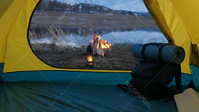 Camping In The Mountains, Camp Fire and Tent at Sunset 20s 4k