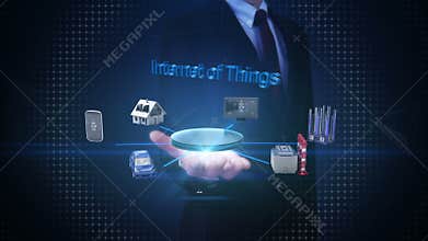 Businessman open palm, smart house, factory, building, car, mobile, internet sensor connect `internet of things` te