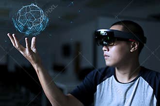 Men Playing Virtual Reality with Hololens with effects