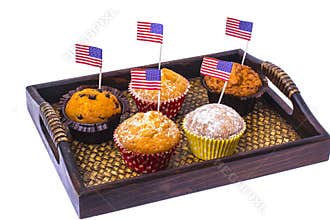 Variety of swiit desserts on the table for July 4th party. Whit