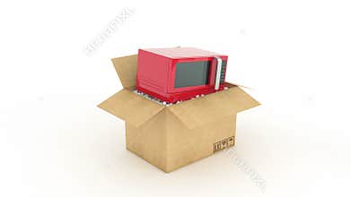 Microwave in cardboard box.